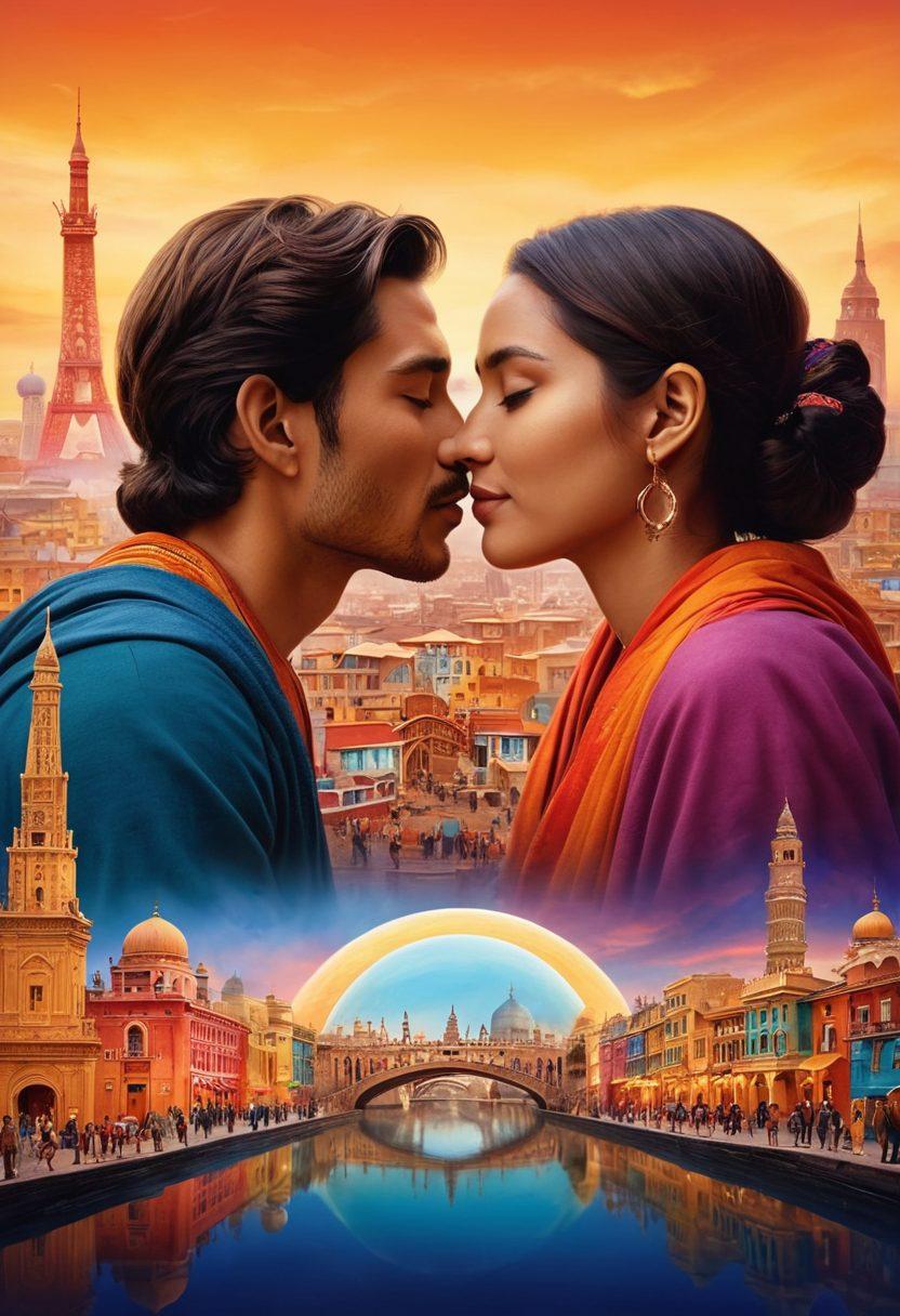 A diverse group of people engaging in intimate moments, showcasing various cultural expressions of love and connection, set against a backdrop of global landmarks symbolizing unity. The scene captures an ethereal blend of colors and warmth, reflecting the beauty of universal intimacy across different communities. super-realistic. vibrant colors. soft focus.