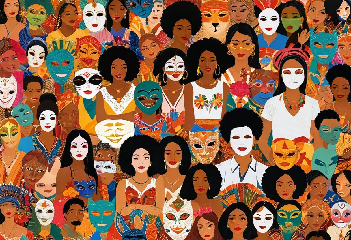 A captivating collage depicting various cultures celebrating intimacy, featuring colorful representations of different adult entertainment forms, intertwined with symbols of love and sexuality from around the globe. Include diverse individuals expressing joy and connection, surrounded by elements like masks, textiles, and traditional motifs. The background should be a vibrant blend of colors representing the diversity of human experiences. super-realistic. vibrant colors. global theme.