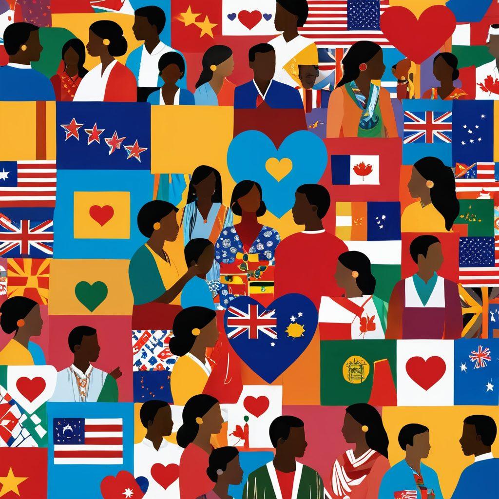 A vibrant collage depicting a bustling international market scene with diverse couples engaging in conversations, surrounded by cultural artifacts representing different countries. Include flags of various nations subtly integrated into the background, along with symbols of relationships, such as hearts and intertwined hands. Show a contrast of traditional and modern attire to emphasize cross-cultural exchange. colorful and dynamic. illustration. high detail.